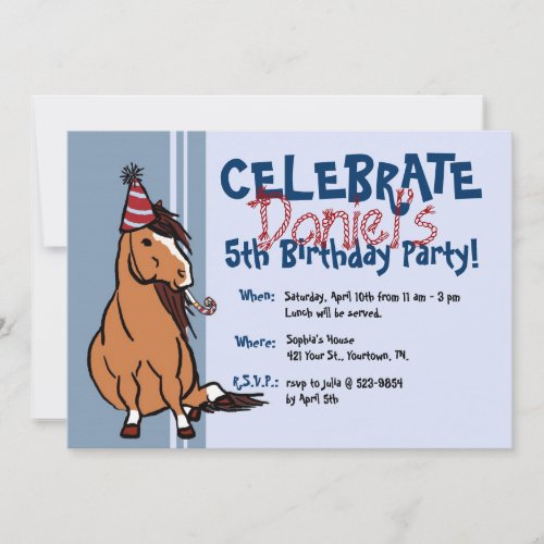 Blue Party Pony Boys 5th Birthday Custom Announcement