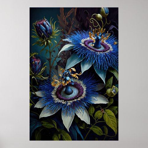 Blue Passion Flower Art Print Poster