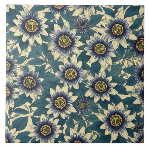 Blue Passion Flower pattern Ceramic Tile