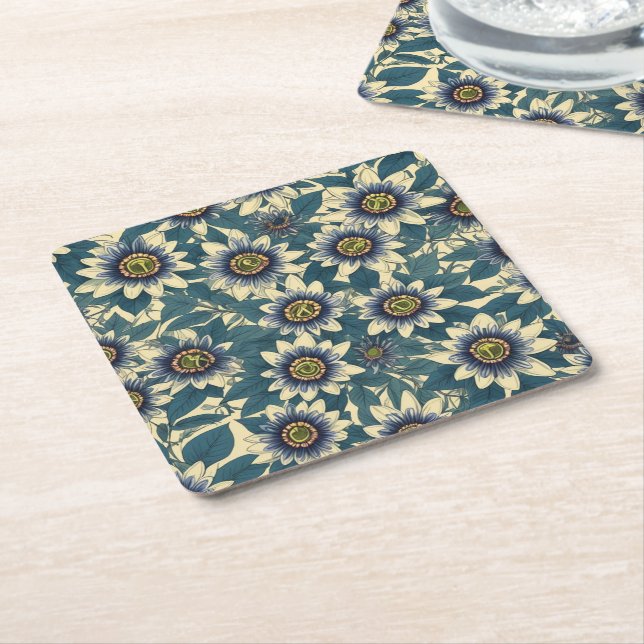 Blue Passion Flower pattern Square Paper Coaster (Angled)