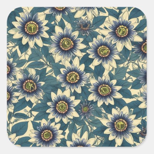 Blue Passion Flower pattern Square Sticker