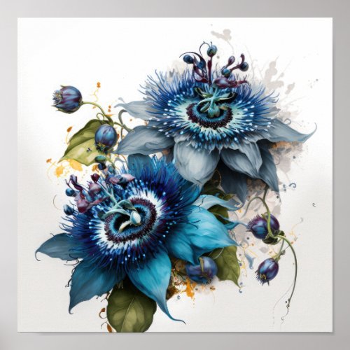 Blue Passion Flowers Art Print Poster
