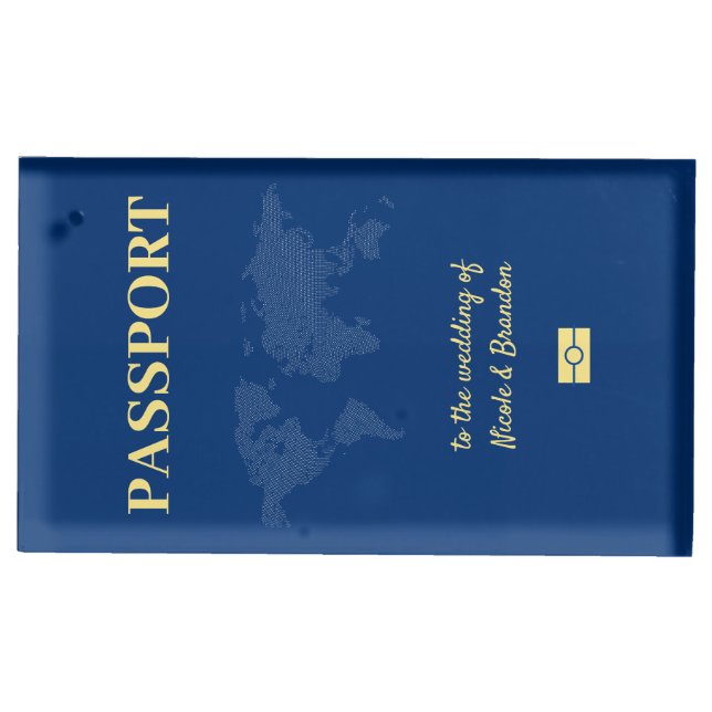 Blue Passport Destination Wedding Place Card Holder (Front)