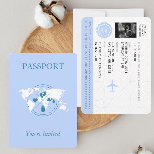  Blue Passport Travel Boy Baby Shower World Map Invitation