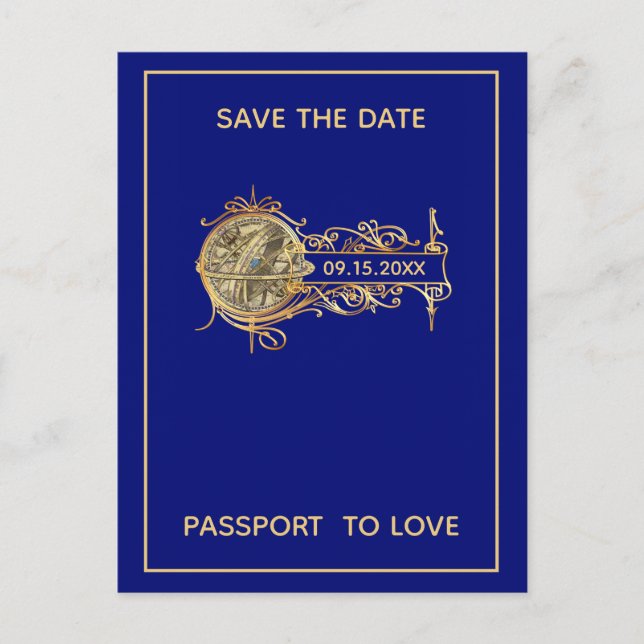 Blue Passport Travel Save the Date Announcement Postcard (Front)