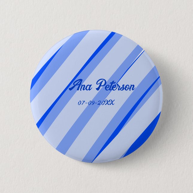 Blue pastel add name date boho retro lines pattern button (Front)