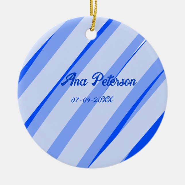 Blue pastel add name date boho retro lines pattern ceramic ornament (Front)