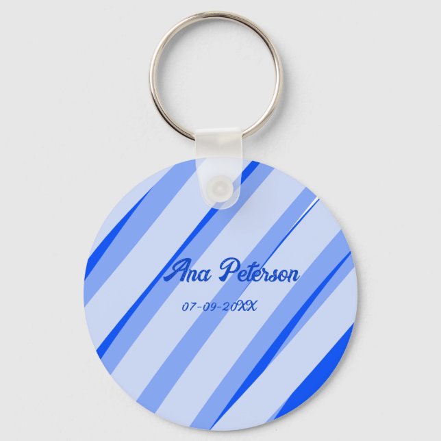 Blue pastel add name date boho retro lines pattern keychain (Front)