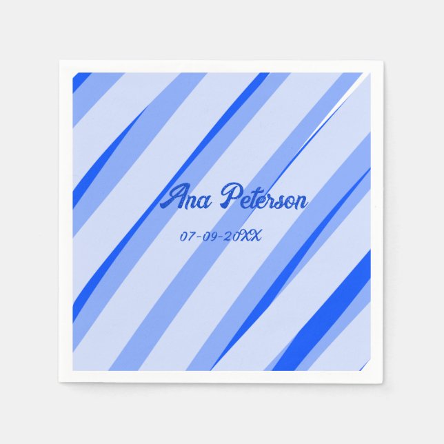 Blue pastel add name date boho retro lines pattern napkins (Front)