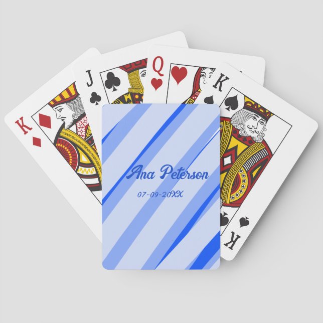 Blue pastel add name date boho retro lines pattern poker cards (Back)