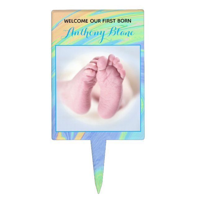 Blue Pastel Baby Birth Welcome Custom Photo Cake Topper (Front)