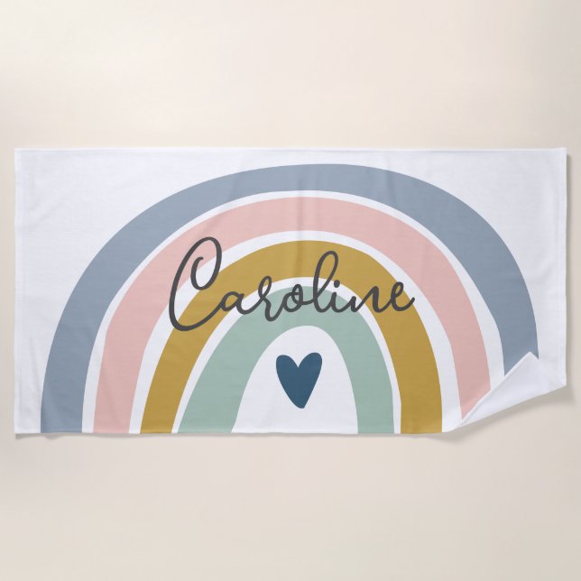 Blue Pastel Boho Rainbow Name Beach Towel (Front)