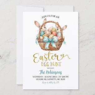 Blue Pastel Bow Bunny Basket Easter Egg Hunt Party Invitation