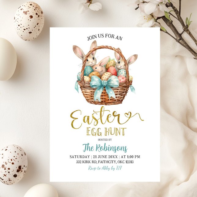 Blue Pastel Bow Bunny Basket Easter Egg Hunt Party Invitation (Creator Uploaded)