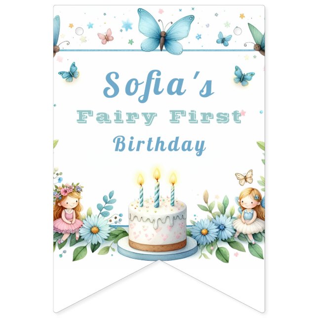Blue Pastel Butterfly Fairy First Birthday - Bunting Flags (First Flag)