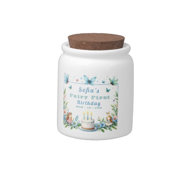 Blue Pastel Butterfly Fairy First Birthday - Candy Jar (Left)