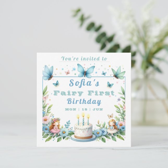 Blue Pastel Butterfly Fairy First Birthday - Invitation (Standing Front)