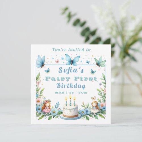Blue Pastel Butterfly Fairy First Birthday _ Invitation