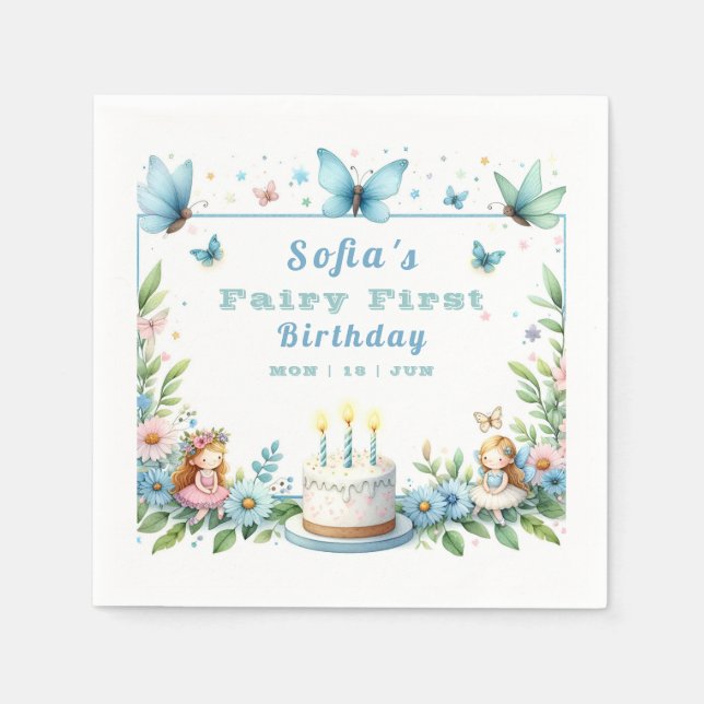 Blue Pastel Butterfly Fairy First Birthday - Napkins (Front)