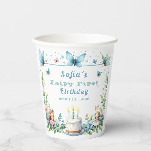 Blue Pastel Butterfly Fairy First Birthday _ Paper Cups