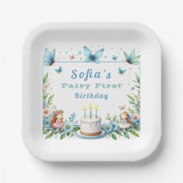 Blue Pastel Butterfly Fairy First Birthday - Paper Plates (Front)