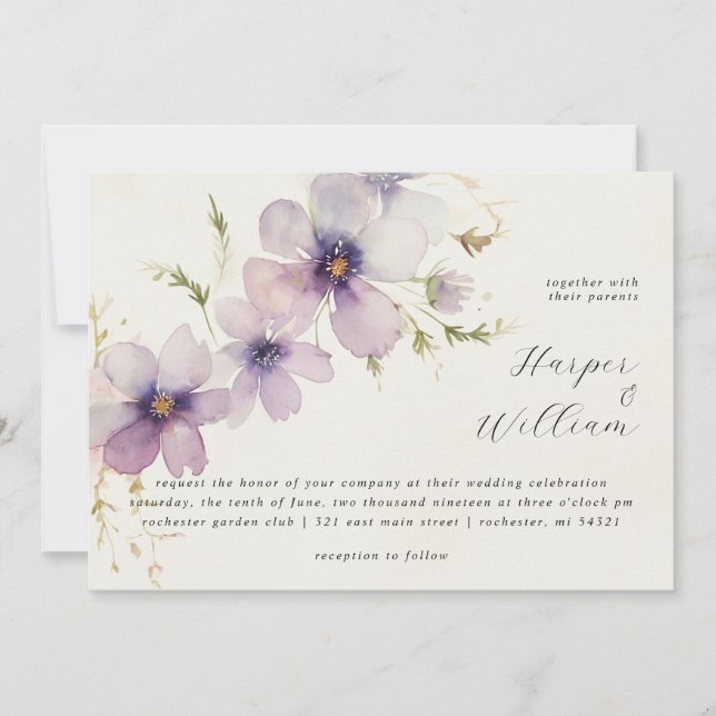 Blue pastel cosmos flowers horisontal wedding invitation (Front)
