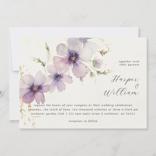 Blue pastel cosmos flowers horisontal wedding invitation