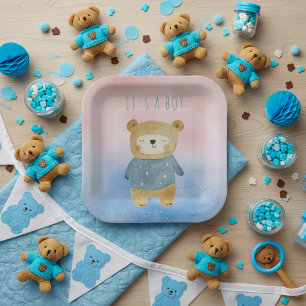 Blue pastel cute bear it's a boy paper plates
