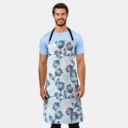 Blue Pastel Elegance Tulip Silhouette Floral Patt Apron