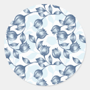 Blue Pastel Elegance: Tulip Silhouette Floral Patt Classic Round Sticker