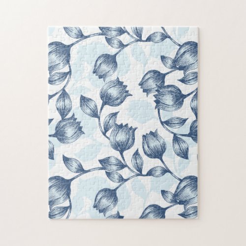 Blue Pastel Elegance Tulip Silhouette Floral Patt Jigsaw Puzzle