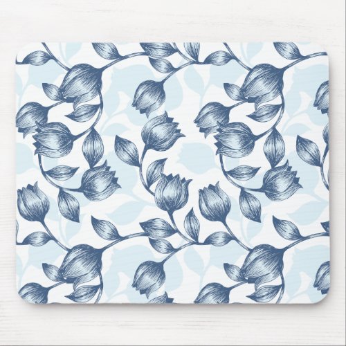 Blue Pastel Elegance Tulip Silhouette Floral Patt Mouse Pad