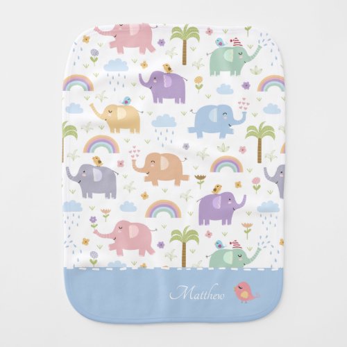 Blue Pastel Elephant Pattern for Little Boy Baby Burp Cloth