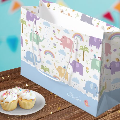 Blue Pastel Elephant Pattern for Little Boy Party Large Gift Bag