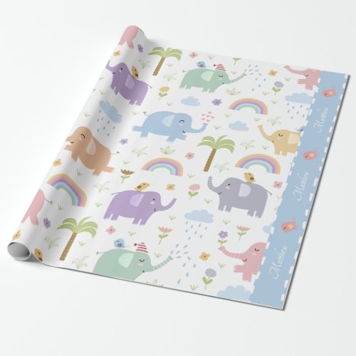 Blue Pastel Elephant Pattern for Little Boy Party Wrapping Paper