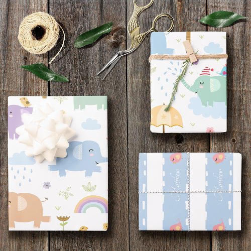 Blue Pastel Elephant Pattern for Little Boy Party Wrapping Paper Sheets
