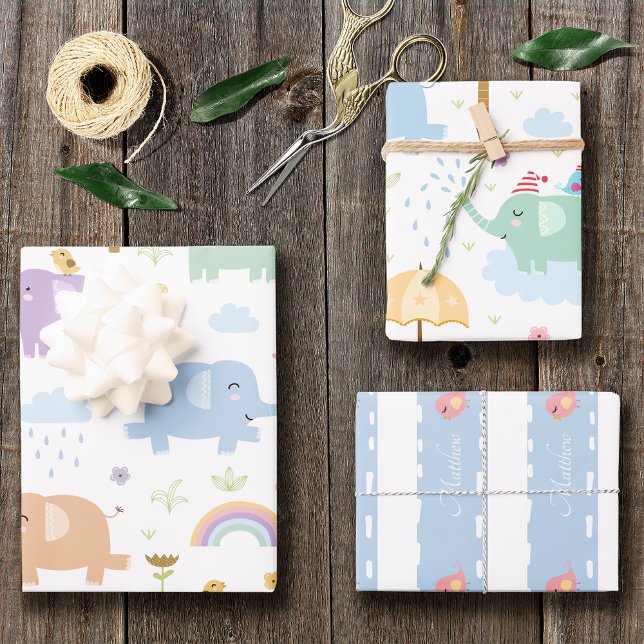 Blue Pastel Elephant Pattern for Little Boy Party Wrapping Paper Sheets (Creator Uploaded)