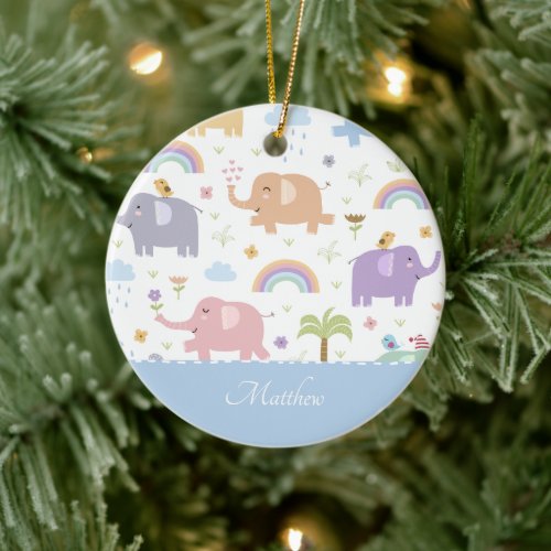 Blue Pastel Elephant Pattern Little Boy Christmas Ceramic Ornament