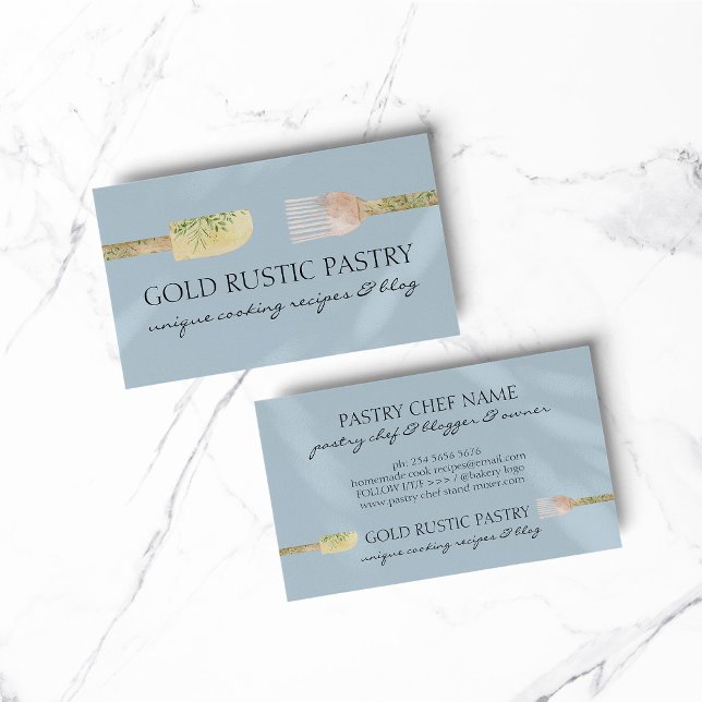 Blue Pastel eucalyptus leaf spoon spatula cooker Business Card (bakery business  chef)