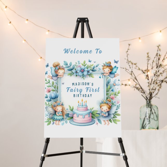 Blue Pastel Floral Fairy First Birthday - Foam Board (In Situ (Stand))
