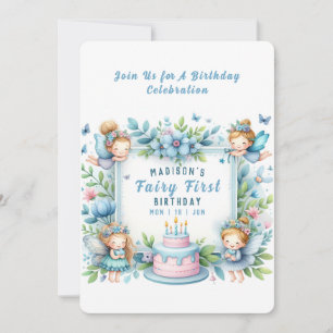 Blue Pastel Floral Fairy First Birthday - Invitation