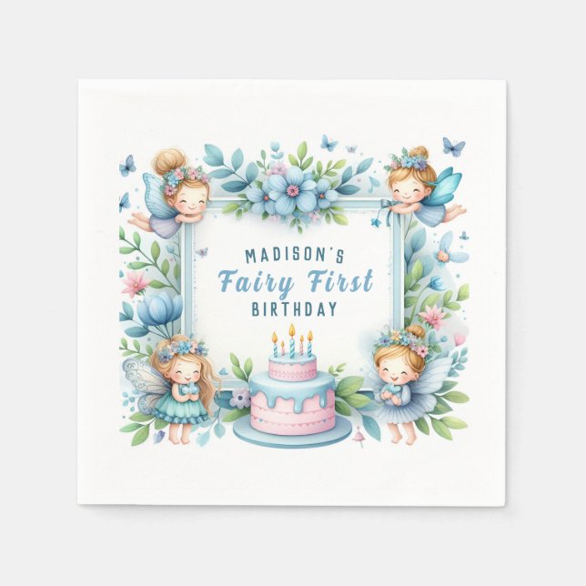 Blue Pastel Floral Fairy First Birthday - Napkins (Front)