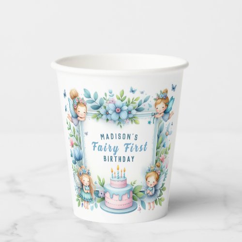 Blue Pastel Floral Fairy First Birthday _ Paper Cups