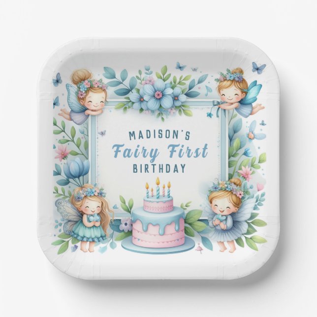 Blue Pastel Floral Fairy First Birthday - Paper Plates (Front)