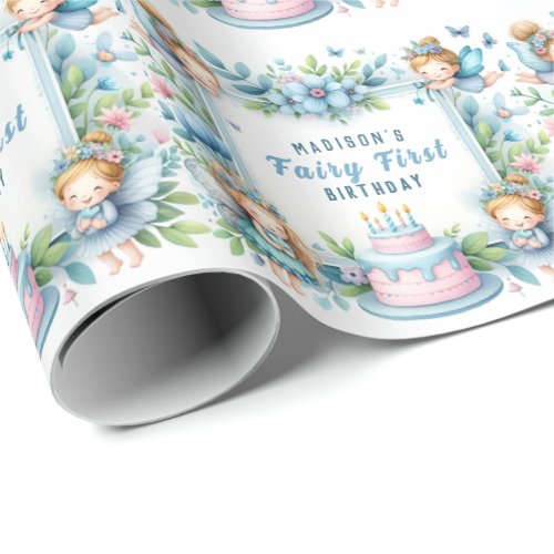 Blue Pastel Floral Fairy First Birthday _ Wrapping Paper