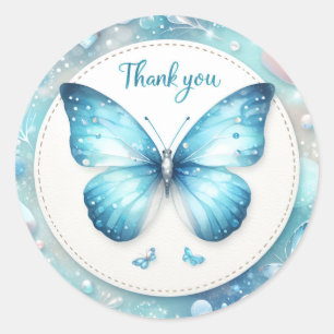 Blue Pastel Glitter Butterfly - Thank you - Classic Round Sticker