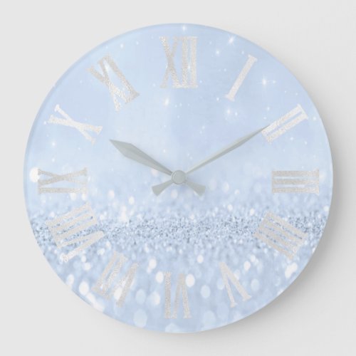 Blue Pastel Glitter Gray Grey Silver Roman Numbers Large Clock
