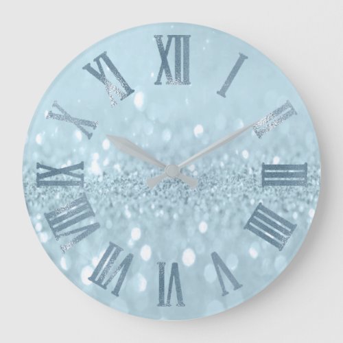 Blue Pastel Glitter Gray Metal Roman Numbers Large Clock