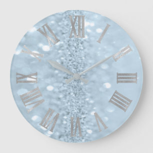 Blue Pastel Glitter Gray Metal Roman Numbers Large Clock