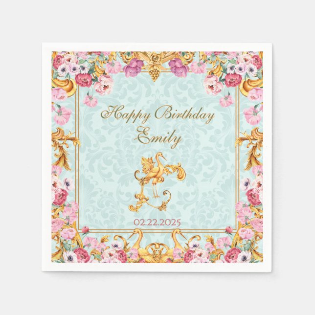 Blue Pastel Gold Baroque Rococo Happy Birthday Napkins (Front)